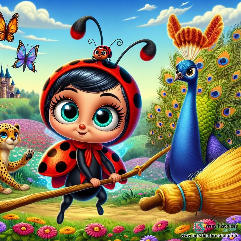 Un petit personnage en forme de coccinelle, avec des ailes rouges à pois noirs, exprime détermination et curiosité. Elle se tient sur un balai magique, prête à s'envoler. À ses côtés, un paon coloré déploie ses ailes en signe de soutien, tandis qu'un guépard concentré est prêt à l'aider. La scène se déroule dans un paysage enchanteur, avec un ciel bleu, des champs de fleurs et un château menaçant au loin. La coccinelle et ses amis sont déterminés à récupérer un grimoire volé pour sauver leur village de l'obscurité.