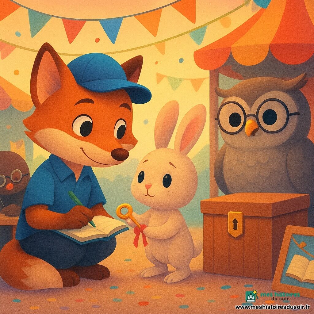 Rémi, renard anthropomorphe au pelage roux et casquette bleue de travers, accroupi avec un carnet, sourit doucement; Lila la lapine, petite et ronde à la fourrure claire, tend une clé dorée attachée à un ruban rouge vers Madame Hibou, chouette ronde aux plumes grises et lunettes, debout derrière une boîte en bois fermée par une serrure brillante, émue et reconnaissante; la taupe bricoleuse, lunettes basses et trousse ouverte, veille en arrière-plan. La scène se déroule sur une place de carnaval en fin d’après-midi, guirlandes et stands en bois, lumière chaude et ombres douces, ambiance de partage et de réparation, style enfantin aux couleurs vives, formes arrondies et textures papier et bois visibles.