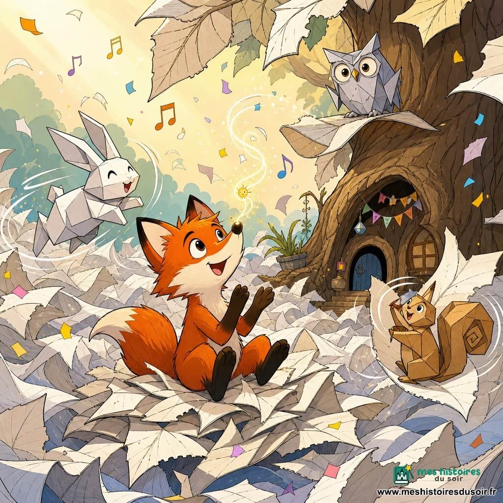 Rémi, un renard anthropomorphe à fourrure rousse, yeux curieux et sourire malicieux, est assis sur une pile de feuilles blanches ondulantes, applaudissant tandis qu'une minuscule poussière lumineuse dorée virevolte au-dessus de son museau; autour de lui, un lapin origami blanc bondit, un écureuil origami brun clair tourne accroché à une feuille et un hibou origami gris perché observe, le tout dans une clairière au pied d'un grand arbre creux-maison baignée d'une lumière matinale dorée, avec des vagues de papier dansantes, lignes de mouvement, notes musicales et confettis de papier.