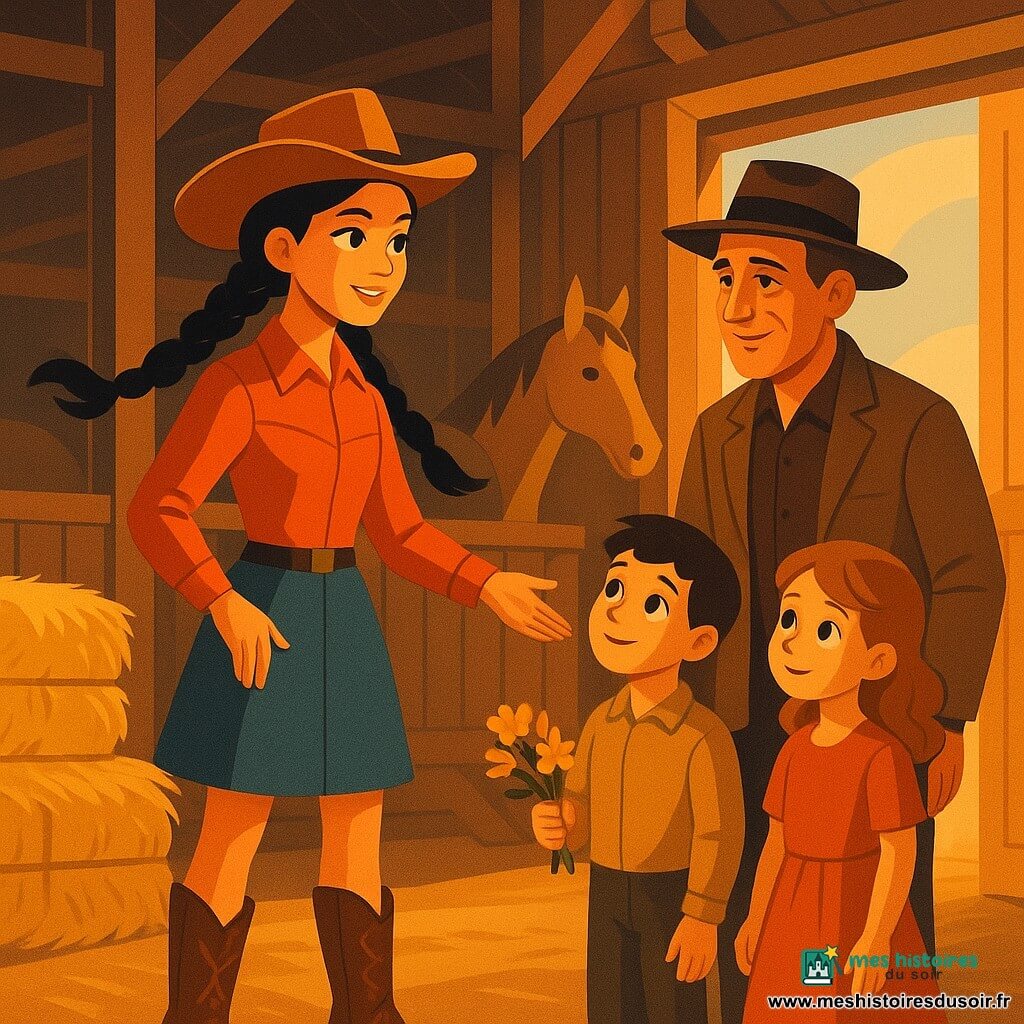 Lily, une jeune cow-girl aux cheveux noirs tressés, se tient avec détermination, portant un chapeau de cow-boy et des bottes en cuir usé. Elle rassure un groupe de voyageurs. À ses côtés, un homme d'une quarantaine d'années, chef du groupe, affiche un sourire reconnaissant malgré la fatigue. Deux enfants, un garçon et une fille d'environ 8 ans, regardent Lily avec admiration. La scène se passe dans une grange en bois, éclairée par la lumière du matin, avec des bottes de foin et des chevaux en arrière-plan. Lily et les voyageurs se préparent à quitter le ranch après avoir surmonté une tempête, dans une ambiance de gratitude et d'amitié.