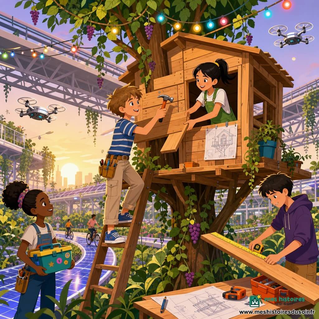 Un garçon de 10 ans, cheveux châtain clair en bataille, t-shirt rayé bleu et pantalon beige, cloue une planche avec un petit marteau orange sur une cabane en bois perchée dans un arbre suspendu; à sa droite, Emma, 10 ans, cheveux noirs en queue de cheval et salopette verte, lui passe une planche depuis l'intérieur; deux autres enfants (garçon ~9 ans mesurant une planche au mètre jaune, fille ~11 ans tenant une boîte d'outils colorés) aident en arrière-plan. Le jardin suspendu, sous passerelles métalliques blanches, est envahi de lianes aux grappes de fruits pourpres, pistes de vélos solaires brillantes et petits drones argentés; la lumière chaude du crépuscule, des guirlandes multicolores et des feuilles frémissantes créent une ambiance joyeuse et coopérative, avec gestes précis, plans et outils visibles, mêlant nature et technologie. Style graphique : formes simples, couleurs plates et vives, contours nets et ombres minimalistes, adapté aux enfants.