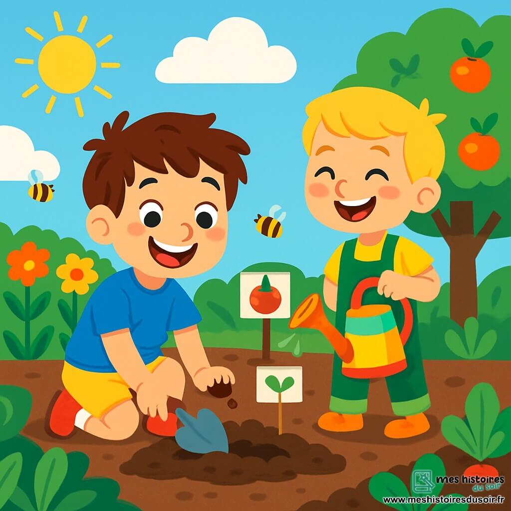 Un garçon de 8 ans, Simon, avec des cheveux bruns en bataille et un grand sourire, est accroupi dans un jardin ensoleillé, tenant une petite pelle. Il porte un t-shirt bleu et un short jaune, ses mains sont couvertes de terre. À côté de lui, son ami Lucas, aussi âgé de 8 ans, avec des cheveux blonds et une salopette verte, rit en tenant un arrosoir coloré. Le jardin est rempli de fleurs, de légumes et d'arbres fruitiers. Le ciel est bleu avec quelques nuages, et des abeilles bourdonnent autour. Simon et Lucas plantent des graines de tomates, affichant des expressions de bonheur et d'excitation, illustrant la magie de l'été et le plaisir de jardiner ensemble.