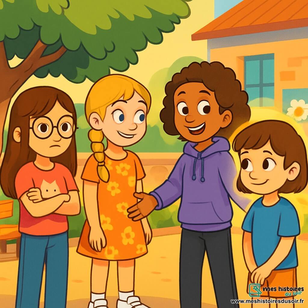 Quatre personnages se trouvent dans une cour d'école ensoleillée : Emma, une fille de 11 ans avec de longs cheveux bruns et des lunettes rondes, porte un t-shirt rose avec un chat et un jean bleu, les bras croisés avec une expression déterminée. Clara, également de 11 ans, a des cheveux blonds tressés et porte une robe à fleurs avec des baskets blanches, se tenant au centre avec bienveillance envers Léa. Lila, avec des cheveux bouclés châtains et un grand sourire, porte un sweat violet et un pantalon noir, tendant la main vers Léa pour lui montrer son soutien. Léa, 10 ans, a des cheveux courts châtains, un t-shirt bleu et un short, se tenant légèrement en retrait avec un air timide mais des yeux brillants d'espoir. La scène montre les trois amies s'approchant de Léa, prête à lui offrir leur soutien, tandis qu'elle commence à sourire, entourée d'une lumière douce.