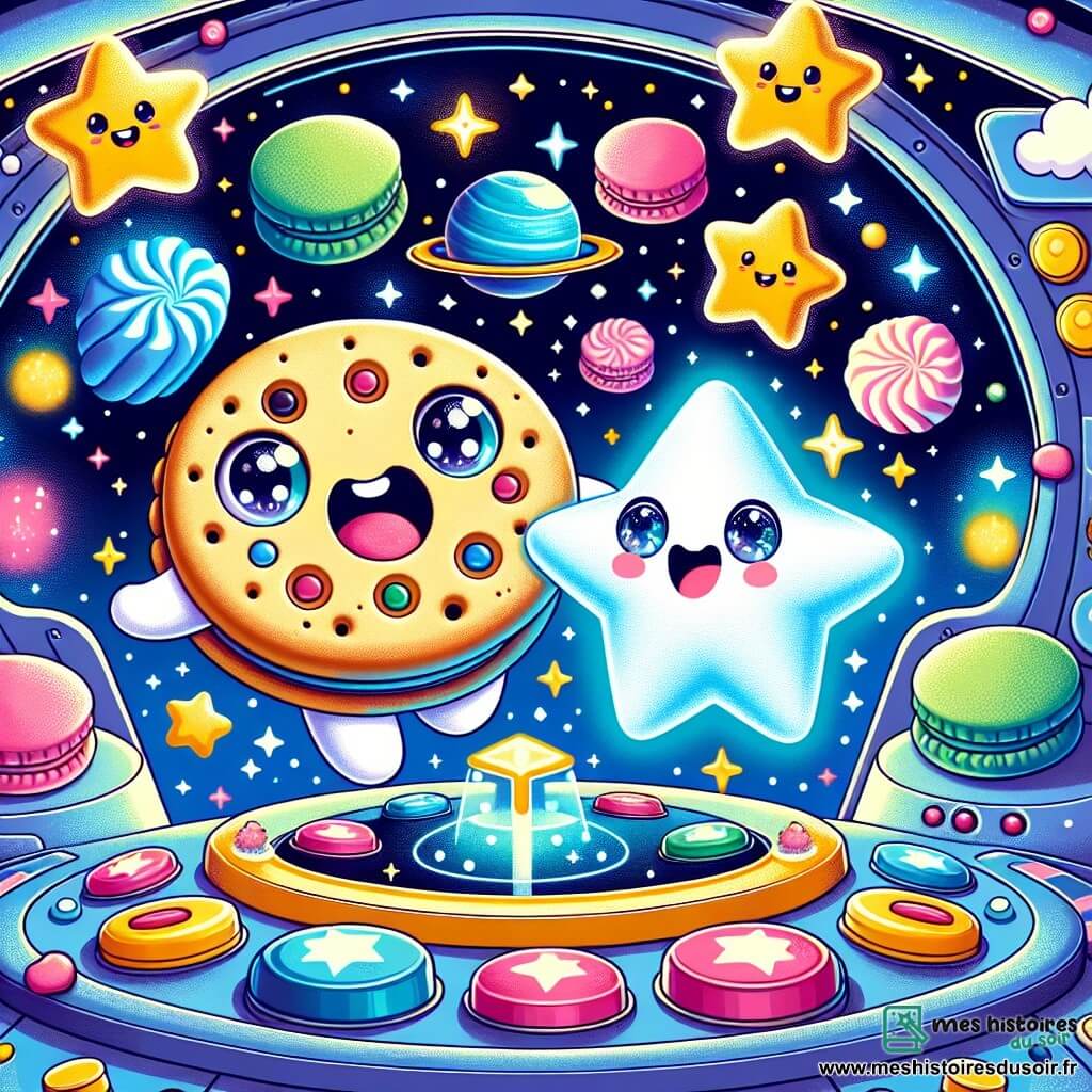 Dans un vaisseau spatial coloré, Biscottine, une boîte à biscuits joyeuse, sourit avec un biscuit en forme d'étoile dans ses mains. À ses côtés, Luminou, un éclat d'étoile lumineux, danse autour d'elle. Le vaisseau est rempli de boutons brillants et de lumières scintillantes, avec des fenêtres sur un ciel étoilé. Biscottine et Luminou courent à travers l'espace, entourés de Gumdrops qui les encouragent, créant un tourbillon de couleurs et de rires.