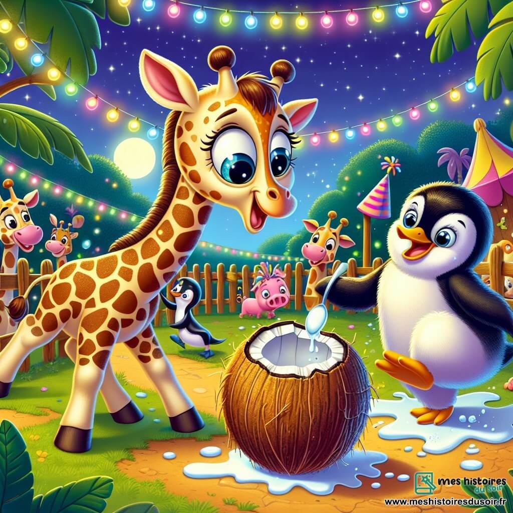 Une girafe joyeuse nommée Ginette, avec un long cou tacheté de marron et des grands yeux brillants, se tient au centre de la scène, souriante et curieuse face à une noix de coco fissurée. À côté, Paul le pingouin, en plumage noir et blanc avec un chapeau de fête, tient une cuillère et saute de joie, impatient de goûter à la glace qu'il prépare. Gustave, un cochon rose souriant, glisse dans une flaque de boue, éclaboussant les autres animaux. La scène se déroule dans un zoo sous un ciel étoilé, avec des enclos colorés, des arbres verdoyants et des lumières scintillantes. Ginette et ses amis célèbrent la découverte de la noix de coco, riant et prêts à déguster la glace à la noix de coco pour l'anniversaire de Lulu la loutre.