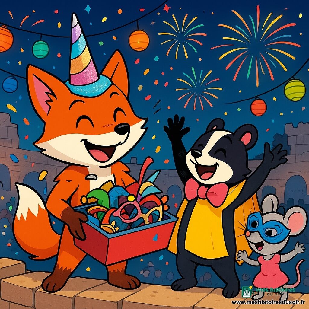 Un renard nommé Filou, avec un pelage roux et des yeux joyeux, se tient au sommet des remparts, souriant, entouré de confettis. Il porte un chapeau en forme de licorne et tient une boîte à costumes. À ses côtés, Gaspard le putois, avec son pelage noir et blanc et un poncho jaune, rit en essayant un gros nœud papillon rose. Plus loin, Daisy la souris, avec un masque vénitien bleu, danse joyeusement. Le décor est celui d'un carnaval animé, avec des lanternes colorées et une foule dansante. Des feux d'artifice illuminent le ciel, tandis que Filou et ses amis célèbrent une nuit festive.