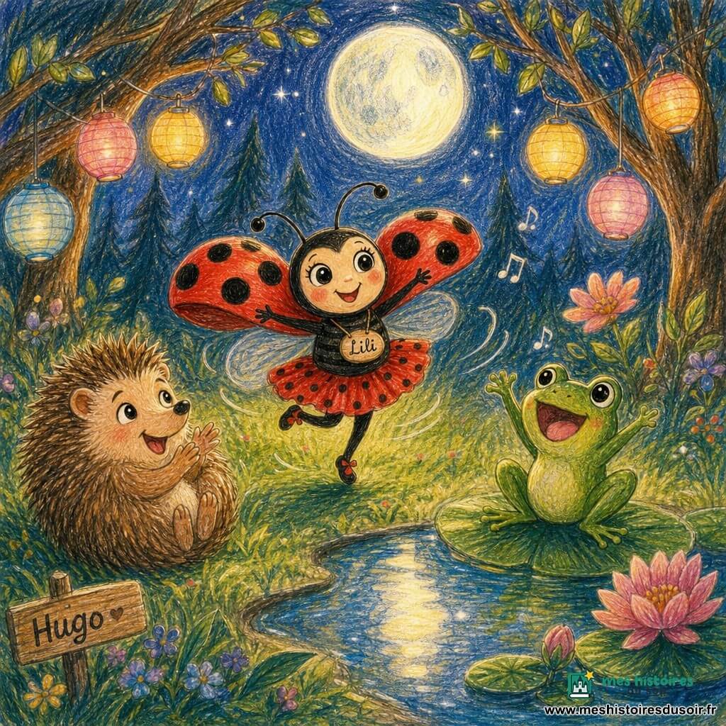 Une petite coccinelle joyeuse nommée Lili danse au centre d'une clairière sous une grande lune argentée, un hérisson timide Hugo roule et applaudit, une grenouille souriante chante depuis un nénuphar au bord d'une flaque, lampions, fleurs et herbe créent une ambiance de fête nocturne chaleureuse.