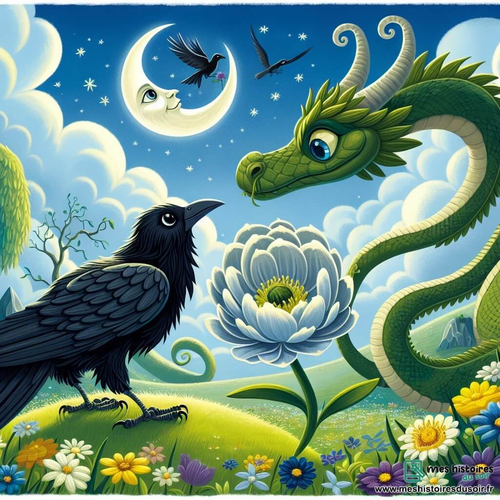 Un corbeau nommé Noiraud, avec des plumes noires et des yeux curieux, se tient au sommet d'une colline verdoyante, le vent ébouriffant ses plumes. Il admire une fleur de lune illuminée d'une lumière argentée, entourée de fleurs colorées. À ses côtés, un serpent aux écailles scintillantes, devenu dragon, l'observe attentivement. En arrière-plan, une clairière enchantée est remplie de fleurs dansantes et d'arbres majestueux sous un ciel bleu. Noiraud tend la fleur de lune au dragon, symbolisant leur amitié et la magie de leur rencontre.
