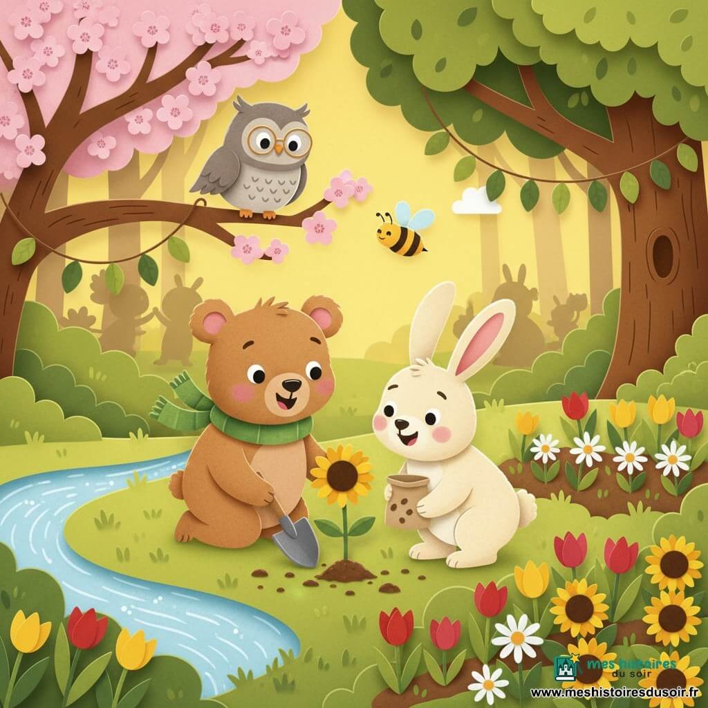 Un petit ours nommé Oscar, pelage brun clair feutré, yeux noirs ronds et grand sourire, écharpe verte, accroupi plantant une pousse de tournesol avec une pelle en bois; à sa droite Louis le lapin crème aux grandes oreilles roses, joyeux, tient un sachet de graines et l'aide; Madame Plume, chouette gris cendré aux lunettes rondes, observe depuis une branche basse d'un cerisier en fleurs, ailes repliées; une abeille jaune et noire bourdonne au-dessus des fleurs; clairière ensoleillée à l'orée d'une forêt, ruisseau à gauche, grand chêne à l'arrière, parterres de tulipes, marguerites et tournesols en rangs; festival de printemps joyeux avec guirlandes, animaux enfants rieurs en arrière-plan, couleurs vives, textures de papier visibles, atmosphère lumineuse et accueillante.