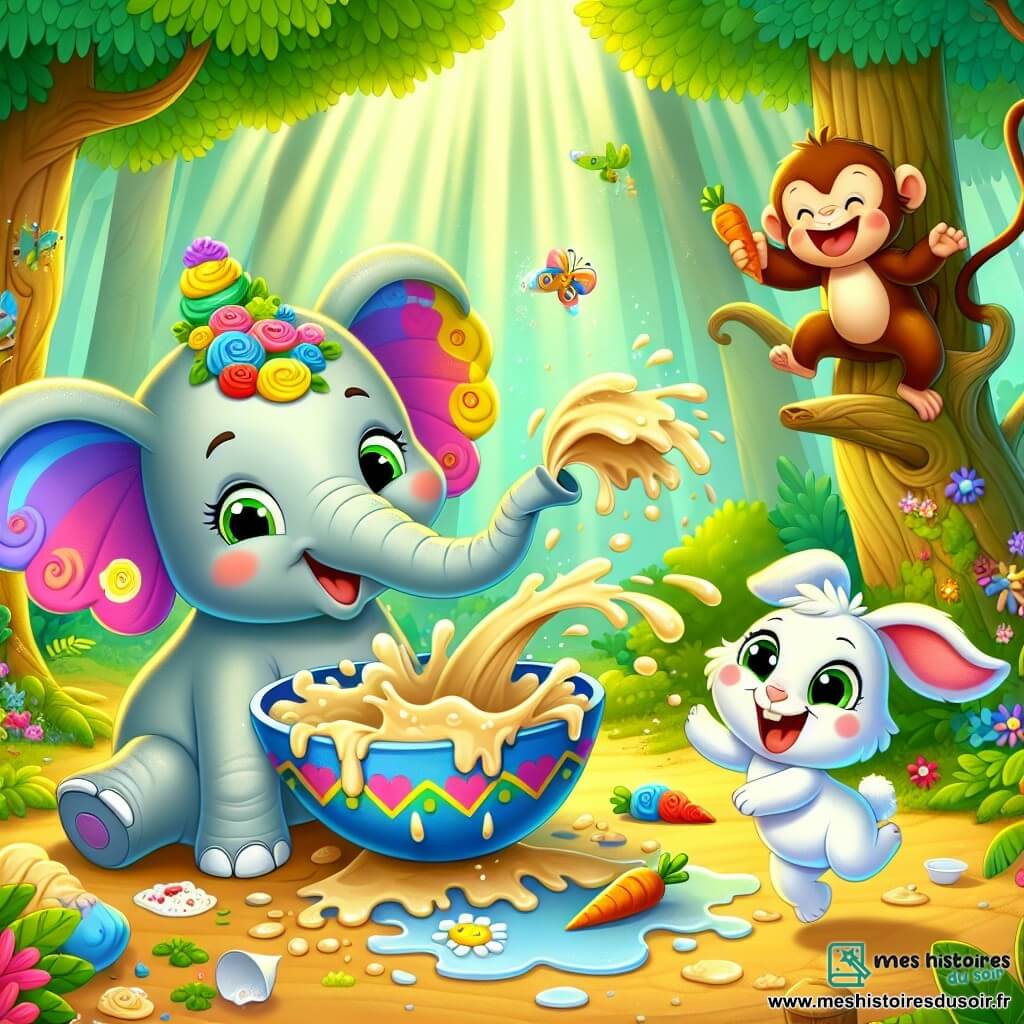 Un éléphant joyeux nommé Émile mélange une pâte à gâteau dans une grande bassine, éclaboussant de la pâte autour de lui. À ses côtés, un petit lapin nommé Riri saute de joie avec une carotte, tandis qu'un singe espiègle nommé Samba grimpe à un arbre en riant. La forêt enchantée est pleine d'arbres aux feuilles vertes, de fleurs colorées et de rayons de soleil, créant une ambiance magique. Émile, Riri et Samba s'amusent ensemble, transformant leur cuisine en un joyeux désordre.