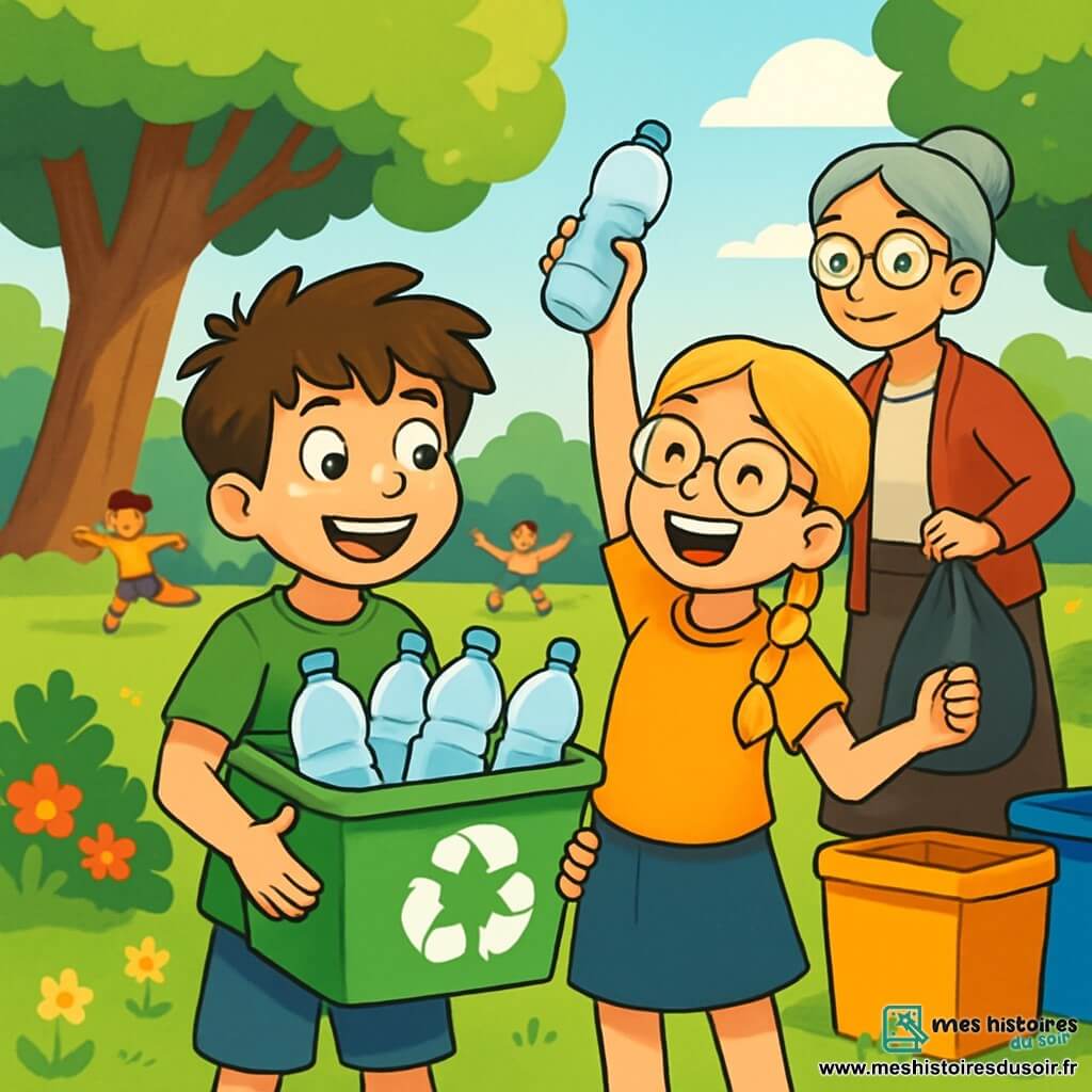 Lucas, un garçon de 10 ans aux cheveux bruns en bataille et aux yeux curieux, sourit en tenant un bac de recyclage rempli de bouteilles en plastique. Il porte un t-shirt vert avec un dessin de planète et un short bleu. À ses côtés, Sarah, 9 ans, avec des cheveux blonds tressés et des lunettes rondes, lève les bras en tenant une bouteille en plastique, souriante. En arrière-plan, Madame Dupont, une femme âgée avec des cheveux gris en chignon et des lunettes, les observe fièrement, les mains sur les hanches, tout en tenant un sac de déchets. La scène se déroule dans un parc verdoyant, où des enfants jouent sur l'herbe et des bacs de recyclage sont disposés autour d'eux. Lucas et ses amis trient les déchets, riant et apprenant l'importance du recyclage, tandis que des rayons de soleil illuminent leur enthousiasme pour protéger l'environnement.