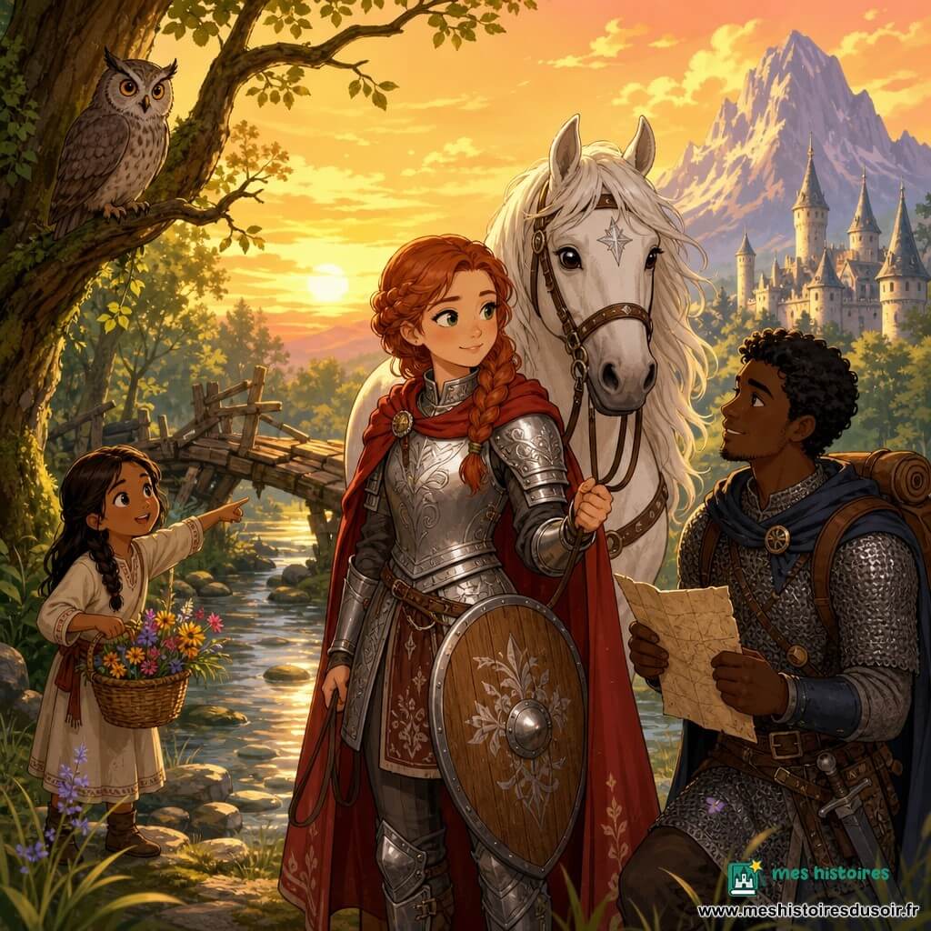 Lyra, jeune chevaleresse au sourire courageux, est au centre en armure argentée finement gravée, cape rouge et cheveux auburn tressés, tenant la bride de sa jument blanche Étoile et un bouclier en bois ; Sir Athel, jeune chevalier fatigué mais reconnaissant en cotte de mailles, se tient derrière à droite avec une carte froissée, la regardant avec admiration ; une fillette-guide d'environ 8 ans en robe simple, panier de fleurs, indique un passage peu profond dans la rivière ; un vieux hibou brun-gris aux grands yeux ambrés est perché à gauche ; décor : lisière d'une forêt enchantée ouverte sur une rivière peu profonde et un pont en bois partiellement cassé, herbes hautes, pierres moussues, et au loin des tours de château argentées sous une montagne majestueuse ; scène d'aventure au coucher de soleil, lumière dorée, palette chaude, style vectoriel clair et joyeux avec détails texturés simples.
