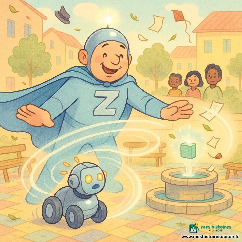 Super Zéphir, grand, souriant et bienveillant, visage rond, cape bleu clair flottante, casque rond argenté brillant et grand Z argenté sur la poitrine, tend les bras et crée un coussin de vent moelleux visible en courbes translucides ; Pipo, petit robot métallique de la taille d’un chien aux roues brillantes et clignotantes orange, paraît surpris et ralenti près des pieds du héros ; une petite boîte carrée verte flotte au-dessus d’une fontaine en pierre et contient une bulle d’énergie scintillante qui attire papiers et un petit cerf‑volant rouge ; la place des enfants est pavée et colorée avec une fontaine centrale, bancs en bois, chapeaux et feuilles virevoltant, et bâtiments bas aux façades pastel en arrière‑plan ; l’homme protège calmement le robot avec un vent en spirale doux, la bulle est enfermée et les habitants sourient au loin, le tout dans une palette douce de bleus pâles, jaunes chauds et roses tendres, lignes rondes et textures de crayons pour une ambiance lumineuse et rassurante.