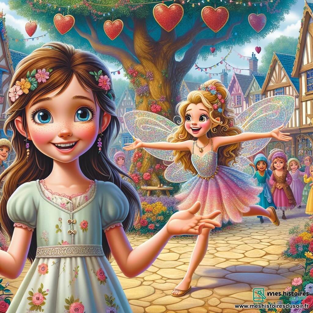 Élodie, une fille de 12 ans aux longs cheveux bruns et aux yeux curieux, se tient au centre de la scène avec un large sourire. Elle porte une robe légère à motifs floraux et ses joues sont rosées d'excitation. À ses côtés, Félicie, une petite fée aux ailes scintillantes et aux cheveux dorés, virevolte joyeusement. En arrière-plan, le village de Florebois est décoré pour la Saint-Valentin, avec des guirlandes de cœurs rouges et des lanternes scintillantes. Les maisons en bois pastel sont entourées de fleurs éclatantes, et un grand chêne se dresse au centre de la place. Élodie et Félicie partagent un moment magique en rassemblant les villageois autour d'une grande table décorée, créant une atmosphère chaleureuse et festive, remplie de rires et de joie.