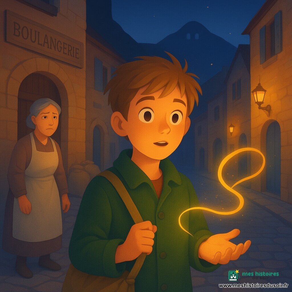 Garçon d’environ 12 ans debout au centre d’une rue pavée étroite au crépuscule, cheveux châtain clair en bataille, veste en laine verte et sac en toile à l’épaule, tenant paume ouverte un fin ruban lumineux doré qui serpente dans l’air et éclaire les visages et les pavés en pointant vers le nord ; derrière lui à gauche, une boulangère d’environ 45 ans, tablier blanc poudreux et cheveux gris en chignon, regarde, inquiète, près d’une porte de boulangerie en bois et de sacs de farine empilés ; village de façades en pierre beige avec enseignes en bois sculpté et petites fenêtres aux volets bleus au pied d’une montagne sombre couronnée de trois arches visibles, ambiance magique et chaleureuse, fort contraste entre le ciel bleu nuit profond et les reflets dorés sur les pierres.