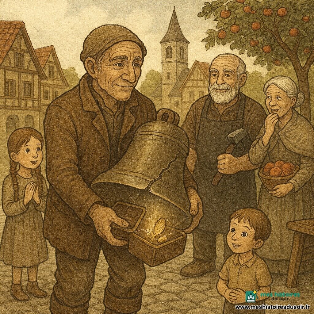 Un voyageur au visage ridé mais doux, vêtu d’un manteau brun usé et de bottes poussiéreuses, tient délicatement une grande cloche fendue et une petite boîte de cuir ouverte contenant une plume lumineuse, une graine dorée et un flacon d’eau claire ; un forgeron âgé au tablier sombre, sourire aux lèvres et marteau appuyé sur l’épaule, se tient prêt à frapper, tandis que deux enfants aux yeux émerveillés et une vieille femme tenant un panier de pommes chuchotent depuis la place du village. Le décor : place d’un village de vergers en automne avec pavés irréguliers, maisons à colombages ocre, pommiers chargés et une vieille église au clocher de pierre en arrière-plan ; scène centrale : réparation magique de la cloche au pied du clocher, lumière douce de fin d’après-midi, légère brume argentée autour de la cloche et éclats lunaires sur le métal réparé, ambiance heroic fantasy chaleureuse et pleine d’espoir.