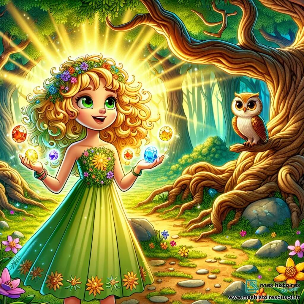 Callista, une jeune femme aux cheveux dorés, se tient au pied d'un vieux chêne, son visage rayonnant d'excitation et de détermination. Elle porte une robe verte ornée de motifs floraux et tient cinq gemmes scintillantes. À ses côtés, Théo, un hibou sage, est perché sur une branche, l'observant avec fierté. La scène se déroule dans une forêt enchantée, baignée de lumière dorée, avec des arbres noueux et des fleurs multicolores. Callista est prête à prononcer des mots magiques pour garder le titan endormi, entourée de lumière, tandis que Théo l'encourage, créant une atmosphère pleine de mystère et d'aventure.