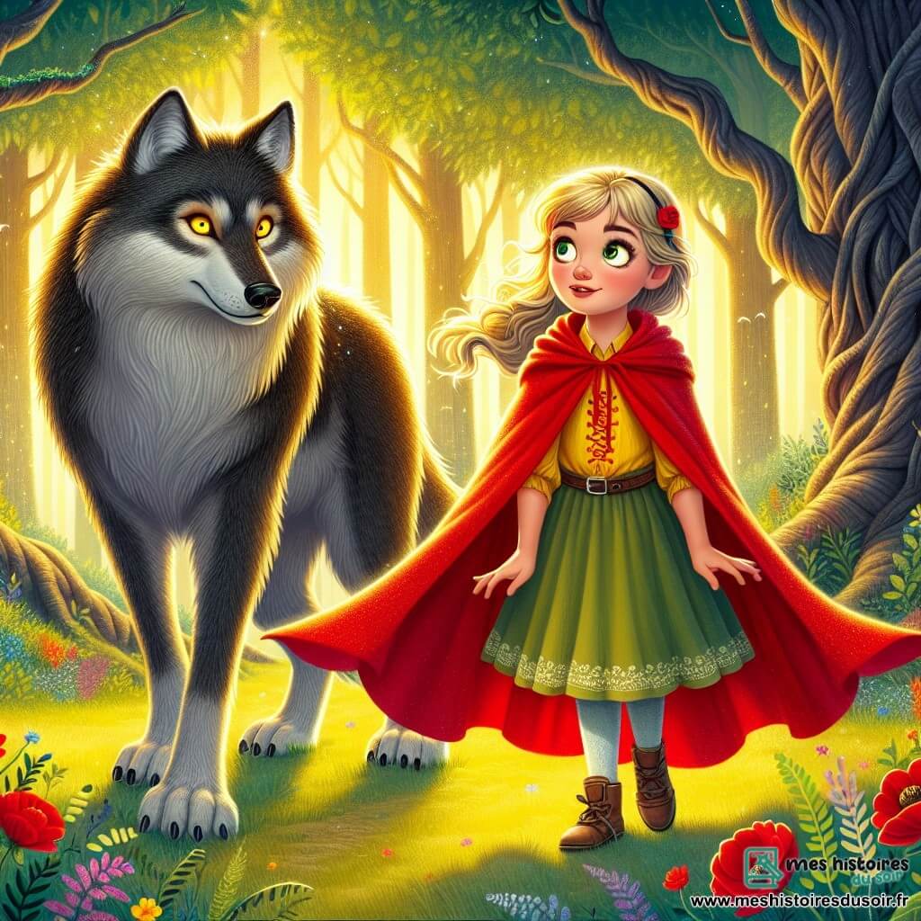 Élodie, une petite fille de 12 ans aux cheveux blonds et aux yeux curieux, se tient au centre d'une clairière. Elle porte une cape rouge vif et affiche une expression de détermination et d'émerveillement face à un grand méchant loup au pelage gris foncé et aux yeux jaunes tristes. Le loup, légèrement incliné vers elle, semble chercher du réconfort. La clairière, baignée de lumière dorée et entourée de grands arbres, est ornée de fleurs colorées et d'un vieux chêne majestueux en arrière-plan. Élodie et le loup sont en pleine conversation, elle levant la main avec assurance tandis qu'il l'écoute attentivement.