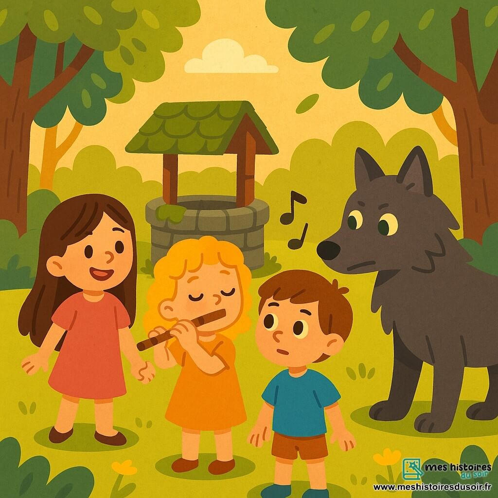 Trois amis, deux filles et un garçon, se trouvent dans une clairière enchantée. **Lily**, 8 ans, avec de longs cheveux bruns et une robe rose, sourit en tenant la main de **Zoé**, 7 ans, aux cheveux blonds et bouclés, qui joue de la flûte. **Emma**, un garçon de 8 ans aux cheveux châtains et t-shirt bleu, observe le grand méchant loup à l'ombre des arbres, ses yeux brillants et son pelage gris. La clairière est illuminée par une lumière dorée, entourée de grands arbres aux feuilles dansantes et d'un vieux puits en pierre. Les amis, unis par leur courage, élaborent un plan pour distraire le loup avec la mélodie de la flûte, tandis que celui-ci s'approche, intrigué.