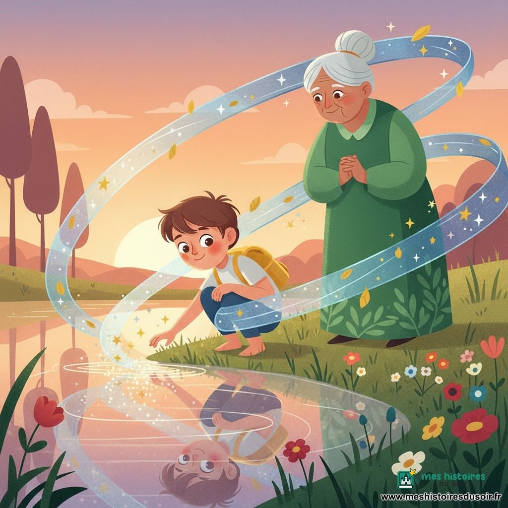 Un garçon de six ans, Léo, souriant et rêveur, cheveux châtains en bataille, yeux pétillants, accroupi au bord d’un lac au coucher du soleil, touche l’eau du bout des doigts ; il porte un petit sac à dos jaune et affiche une expression douce, joues rosées et posture attentive. À quelques pas derrière lui, une vieille femme d’environ 70 ans, la Sagesse, cheveux blancs en chignon et robe verte à motifs feuille, les mains jointes et sourire bienveillant, veille sur lui. Un ruban translucide bleu-argent, le Vent d’Aventure, tourbillonne autour d’eux avec des petites feuilles et étoiles dorées. Le lac paisible reflète des bandes orangées, roses et violettes, les rives herbeuses sont parsemées de fleurs sauvages et des silhouettes d’arbres stylisés se profilent à l’arrière-plan ; ambiance calme et pleine de promesse, palette chaude contrastée par des bleus métalliques et verts naturels, formes art déco simples et lignes épurées.