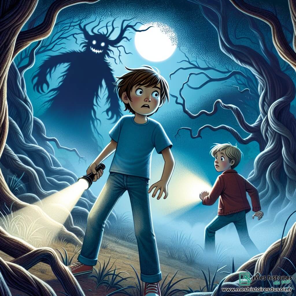 Lucas, un garçon de 12 ans aux cheveux bruns en désordre et aux yeux écarquillés, se tient au centre de la scène, portant un t-shirt bleu et un jean, avec une lampe de poche qui éclaire timidement son visage. À ses côtés, son ami Max, également âgé de 12 ans, a les cheveux blonds et une veste rouge, affichant une expression d'inquiétude. La scène se déroule dans une forêt dense, où des arbres tordus projettent des ombres inquiétantes sous la lumière de la lune, tandis qu'un épais brouillard enveloppe le sol, créant une atmosphère mystérieuse. Lucas se tient devant un vieux chêne, prêt à affronter l'Esprit des Ombres qui se cache dans l'obscurité, tandis que le vent souffle, ajoutant du suspense.