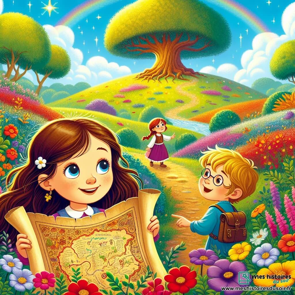 Lila, une petite fille de 6 ans aux longs cheveux bruns et aux yeux curieux, se tient sur une colline fleurie, souriante avec un vieux parchemin. À ses côtés, Tom, un garçon de 6 ans aux cheveux blonds et lunettes rondes, observe la carte avec excitation. Plus loin, Emma, une fille aux cheveux châtains et tresses, désigne un grand arbre avec détermination. La colline ensoleillée est parsemée de fleurs colorées, avec un ciel bleu clair et un ruisseau scintillant en bas. La scène montre les enfants découvrant un coffre ancien rempli de pièces d'or et de pierres brillantes, dans une atmosphère d'aventure et de mystère.