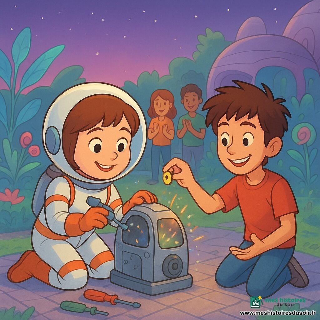 Lila, jeune astronaute aux cheveux châtains courts et au visage rond, est agenouillée, concentrée et joyeuse, réparant une petite machine scintillante avec des outils colorés; Tom, garçon d'environ 12 ans aux cheveux en bataille et au sourire malicieux, lui tend une pièce brillante; en arrière-plan un groupe d'étudiants sourit et applaudit; le décor est un jardin extraterrestre sur la planète Nova avec feuilles translucides et lumineuses, fleurs spirales roses et bleues, chemins en dalles argentées et bâtiments organiques arrondis; la machine, en métal poli et verre fumé, émet un bourdonnement doux et des étincelles multicolores au contact; lumière douce de fin d'après-midi, ciel violet étoilé, ombres longues et couleurs chaudes; style graphique net, lignes rondes, textures simples et couleurs vives, composition centrée sur Lila et Tom avec légère perspective plongeante.