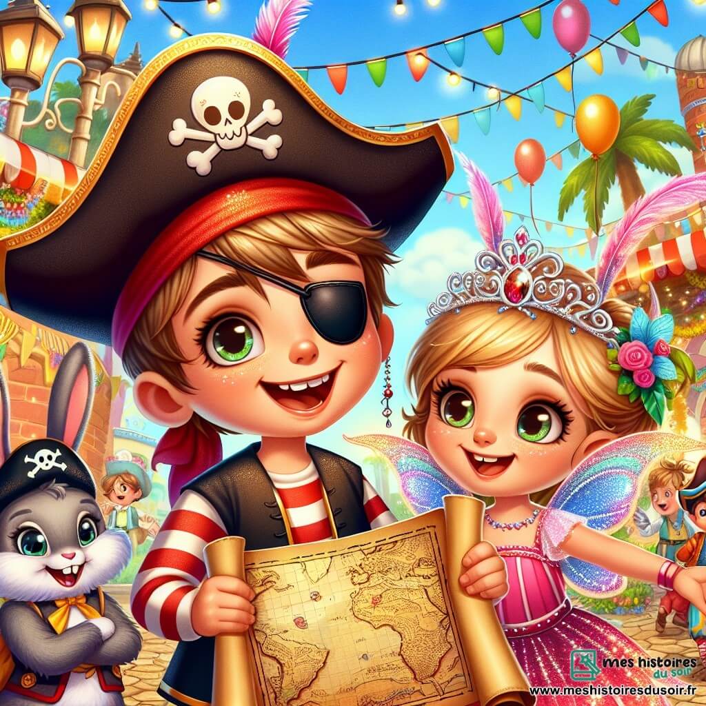Lucas, un garçon de 8 ans, est au centre de l'image, vêtu d'un costume de pirate avec un chapeau noir et un bandeau sur l'œil. Il exprime une grande excitation tout en tenant une carte au trésor. À ses côtés, sa meilleure amie Chloé, 7 ans, porte un costume de fée scintillant et regarde Lucas avec émerveillement. En arrière-plan, Max, un lapin, et Coco, un perroquet, volent autour d'eux, ajoutant une touche de magie. Le décor est une place de village animée pour le carnaval, avec des ballons, des guirlandes de fleurs et des enfants déguisés. Lucas et Chloé, entourés de leurs amis animaux, découvrent une carte au trésor qui les entraîne dans une aventure joyeuse au carnaval.