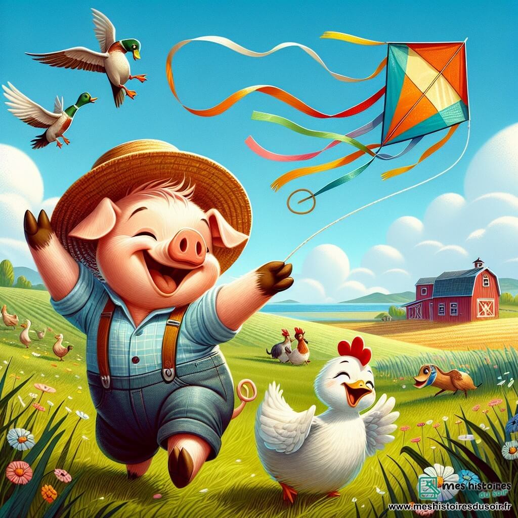 Cochonnet, un cochon joyeux avec un chapeau de paille et une queue en tire-bouchon, saute de joie en tenant une ficelle, tandis que son cerf-volant coloré, Monsieur Vent, s'élève dans le ciel. À ses côtés, Lila la poule, aux plumes blanches et à l'expression curieuse, admire le cerf-volant, tandis que Gustave le canard, avec des lunettes de soleil et un sourire malicieux, applaudit sur l'herbe verte. En arrière-plan, un champ ensoleillé avec des fleurs colorées et une grange rouge crée une ambiance festive. La scène illustre la célébration du vol du cerf-volant par Cochonnet et ses amis, remplis d'excitation et de camaraderie.