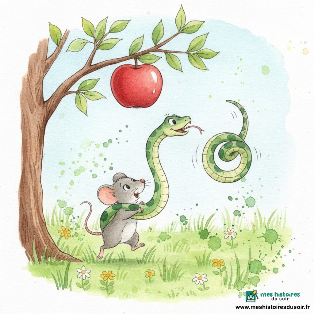 Samy, un serpent long aux écailles vert clair et vert sapin et la langue rose, tend la tête vers une grosse pomme rouge tandis que Mimi, une petite souris grise au pelage doux, le porte sur son dos en sautant vers la branche ; le pommier au tronc brun porte la pomme haute, le jardin herbeux parsemé de fleurs jaunes et blanches sous un ciel bleu pâle, la scène comique montre leur déséquilibre prêt à les faire tomber dans l'herbe.