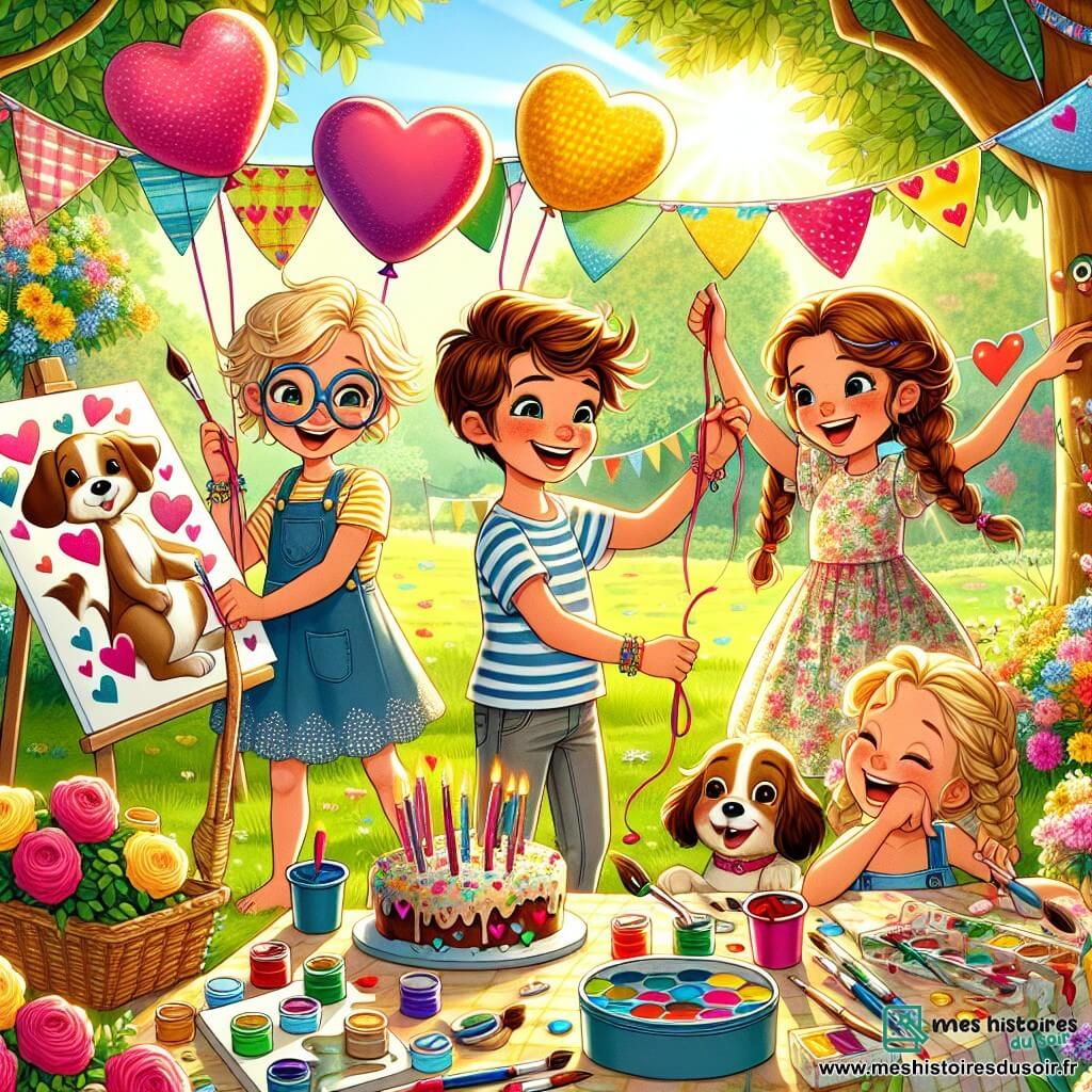 Dans un parc ensoleillé, quatre enfants préparent une fête des pères. Léo, 8 ans, accroche une banderole "Bonne fête des pères!" à un arbre. Mathilde, 7 ans, peint des cœurs sur une toile. Hugo, 9 ans, rit avec un ballon en forme de chien, et Emma, 8 ans, décore une table de gâteaux en forme de cœur. Le parc est verdoyant avec de grands arbres, des fleurs colorées et un ciel bleu. Les enfants, excités et joyeux, s'affairent à organiser une surprise pour leurs papas.
