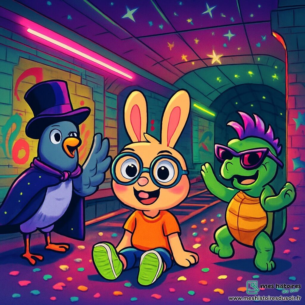 Basile Lapin, un petit lapin aux grandes lunettes rondes et aux baskets fluo, est au centre de l'image, écarquillant les yeux d'émerveillement avec un sourire joyeux. Il est assis sur le sol d'une salle illuminée par des néons roses et verts, entouré de confettis scintillants. À sa droite, un pigeon en costume de magicien, avec un chapeau haut de forme et une cape brillante, lève une patte pour saluer Basile avec une expression enthousiaste. À sa gauche, une tortue punk à crête violette, portant des piercings et des lunettes de soleil, danse sur ses pattes arrière, les yeux pétillants de joie. Le lieu est une station de métro abandonnée, ornée de graffitis colorés et de lumières clignotantes, avec des vieux rails de train et des murs en briques. Des étoiles scintillantes sont projetées sur le plafond, créant une ambiance magique. Basile découvre ce monde fantastique tandis que le pigeon et la tortue célèbrent son arrivée avec une petite fête improvisée, remplie de rires et de musique disco.