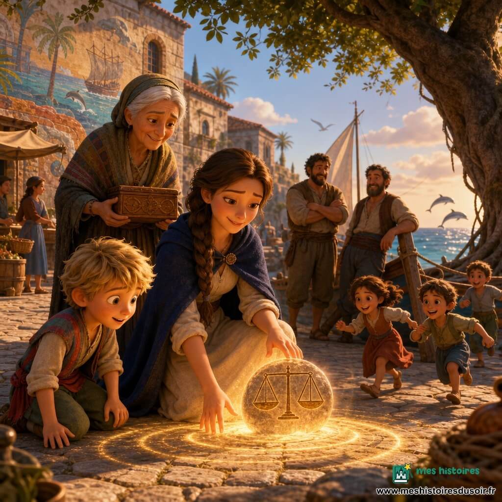 Liane, jeune femme au visage doux et aux cheveux bruns tressés, pose sereinement une petite pierre en forme de balance au centre d'une place de marché au bord de la mer ; une lueur dorée s'en dégage tandis qu'un garçonnet aux cheveux blonds, agenouillé à gauche, la regarde émerveillé, une vieille femme derrière elle tient une boîte en bois d'olivier et sourit avec bienveillance, deux pêcheurs au fond échangent un sourire complice près d'un bateau ; pavés usés, étals en bois, palmiers, maisons claires et un grand arbre au quai encadrent la scène où enfants jouent, adultes apaisés, fresques colorées et une atmosphère de renouveau et de justice retrouvée se répandent.