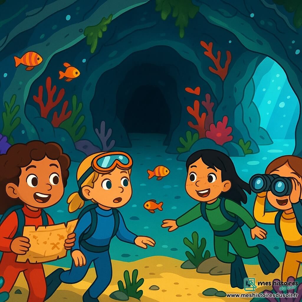 Quatre enfants se trouvent près d'une grotte sous-marine mystérieuse. Lila, 10 ans, cheveux bruns bouclés, porte une combinaison de plongée rouge et tient une carte, regardant la grotte avec excitation. Zoé, 10 ans, cheveux blonds tressés, en combinaison bleue, observe attentivement les alentours. Amaya, 10 ans, cheveux noirs lisses, vêtue d'une combinaison verte, nage avec un sourire d'aventure. Inès, 10 ans, cheveux châtains, en combinaison jaune, utilise des jumelles pour scruter l'horizon. L'environnement est rempli de parois rocheuses, d'algues brillantes et de coraux colorés, avec des poissons multicolores. Elles hésitent entre trois chemins : un tunnel sombre, une forêt de coraux éclatants et un passage illuminé, prêtes à explorer ce monde secret.
