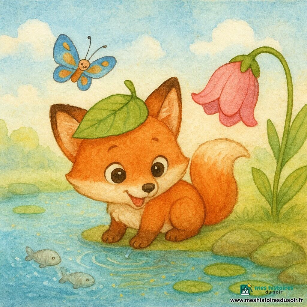 Un petit renard roux joyeux et émerveillé, aux yeux brillants et portant une feuille en guise de chapeau, est accroupi au bord du Lac-Étoile en train de boire; un papillon bleu et orange le guide au-dessus de lui tandis qu'une fleur cloche rose penche pour l'encourager, de petits poissons argentés éclaboussent dans l'eau claire parsemée de paillettes dorées et de nénuphars sous un ciel bleu doux.