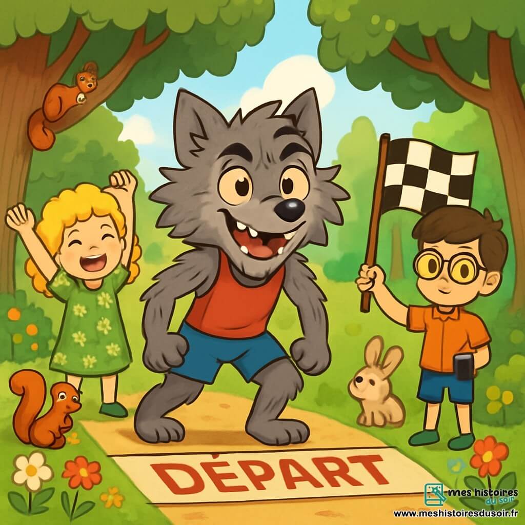 Un jeune loup-garou espiègle nommé Léo se tient sur la ligne de départ d'une course, avec une fourrure grisâtre et des yeux malicieux. Il sourit, plein d'excitation et de détermination, prêt à s'élancer dans la forêt enchantée. À ses côtés, une petite fille de 8 ans, aux cheveux bouclés et blonds, l'encourage en levant les bras. Un garçon de 9 ans, avec des lunettes et des cheveux bruns, se tient en retrait, tenant un drapeau de départ, sérieux. La scène se déroule dans une clairière ensoleillée, entourée d'arbres majestueux et de fleurs colorées, où des animaux curieux observent la course. Léo est prêt à courir, entouré de ses amis, impatients de voir qui sera le champion.