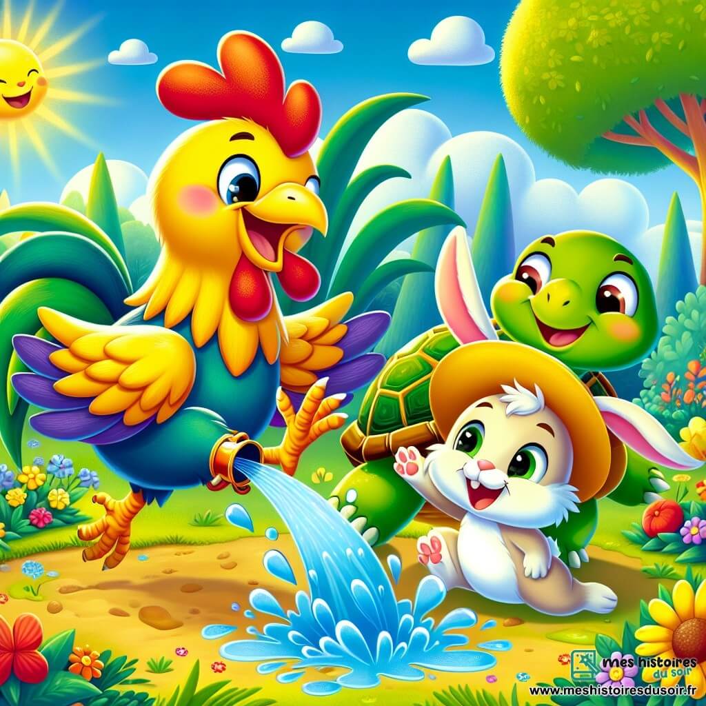 Un coq joyeux avec des plumes dorées et un grand bec orange saute de joie dans un champ ensoleillé. À côté, une tortue avec une carapace verte et un chapeau jaune sourit en tenant un arrosoir. Un lapin aux grandes oreilles blanches, surpris et amusé, lève les pattes comme s'il venait de recevoir une goutte d'eau. En arrière-plan, une forêt enchantée avec des arbres colorés, des fleurs éclatantes et un ciel bleu. La scène dépeint le coq et ses amis riant ensemble, l'arrosoir versant de l'eau sur le lapin, créant une ambiance joyeuse.