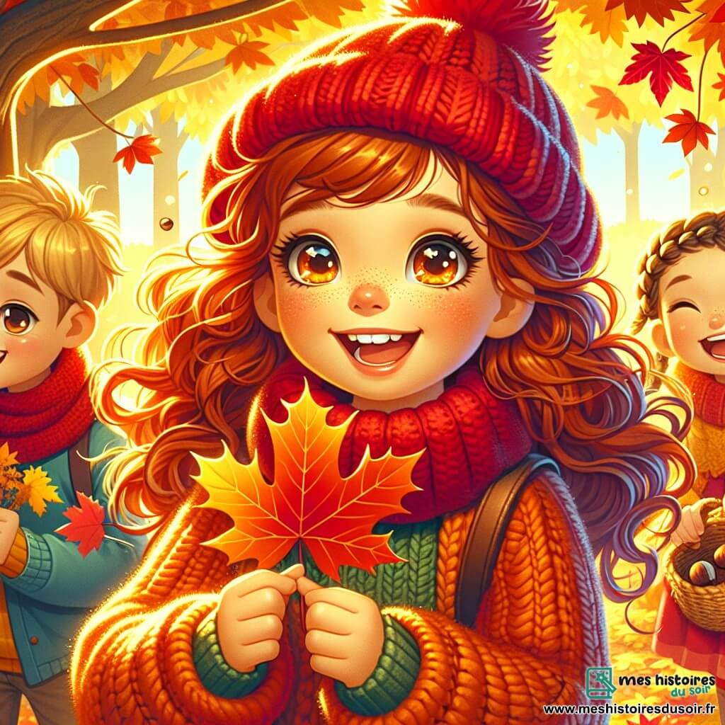 Louise, une fille de 12 ans aux cheveux châtains et bouclés, porte un gros pull orange et un bonnet rouge. Son visage exprime joie et émerveillement alors qu'elle tient une feuille d'érable rouge vif. À ses côtés, Maxime, un garçon blond aux yeux pétillants, sourit en montrant sa propre feuille. Sofia, une autre fille avec des tresses brunes, ramasse des marrons en riant. Ils se trouvent dans un parc automnal, entourés de feuilles flamboyantes et d'une lumière dorée du soleil. Ils explorent et cherchent des trésors d'automne, remplis de rires et de joie.