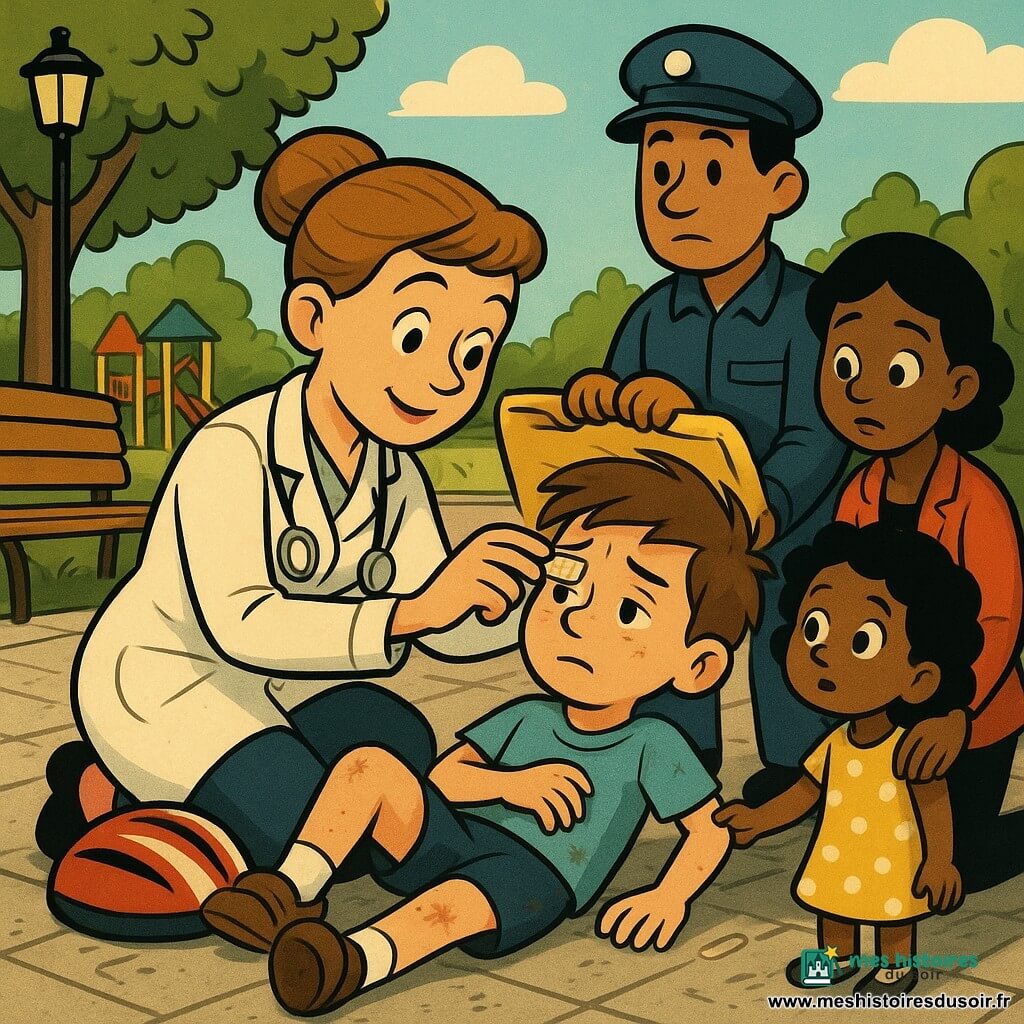La docteure Lucie, souriante et concentrée, cheveux châtain clair en chignon, blouse blanche et stéthoscope, s'agenouille pour panser délicatement la tête de Maxime (environ 8 ans) allongé sur le trottoir avec du sable et de la poussière aux genoux et son casque de vélo rayé à côté ; Emma (7 ans), cheveux bouclés en robe à pois, tient la main de sa maman et regarde curieuse, la mère de Maxime, accroupie, veste rouge vive, pose une main rassurante sur l'épaule du garçon ; un ambulancier d'environ 30 ans, uniforme bleu foncé et civière pliée, se tient prêt derrière la docteure ; lieu : petite rue pavée devant un parc avec banc, arbres, aire de jeux et lampadaire rétro sous un ciel bleu; ambiance : intervention calme après une chute à vélo, solidarité et urgence maîtrisée, couleurs chaudes et contrastées, style « rubber hose » aux lignes courbes, avec petites taches de poussière, pansements autocollants, boîtes de premiers secours rouges et éclats de lumière dorée sur les vitres de l'ambulance.