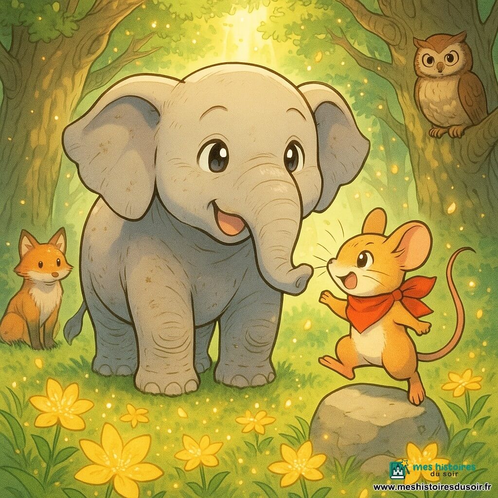 Néro, un grand éléphant gris clair au sourire doux et à la trompe légèrement levée, promet avec une expression apaisée ; à ses côtés Miette, une petite souris rousse au foulard rouge vif, saute en riant pour l'encourager ; autour, un renard et un hibou observent depuis les bords d'une clairière herbeuse parsemée de fleurs dorées qui s'ouvrent et laissent tomber des pétales scintillants, arbres noueux formant une demi-lune, rayons de soleil et poussières lumineuses, ambiance chaleureuse aux couleurs pastel (verts doux, ors lumineux, rouge), composition centrée, traits nets et expressions mignonnes exagérées style manga.