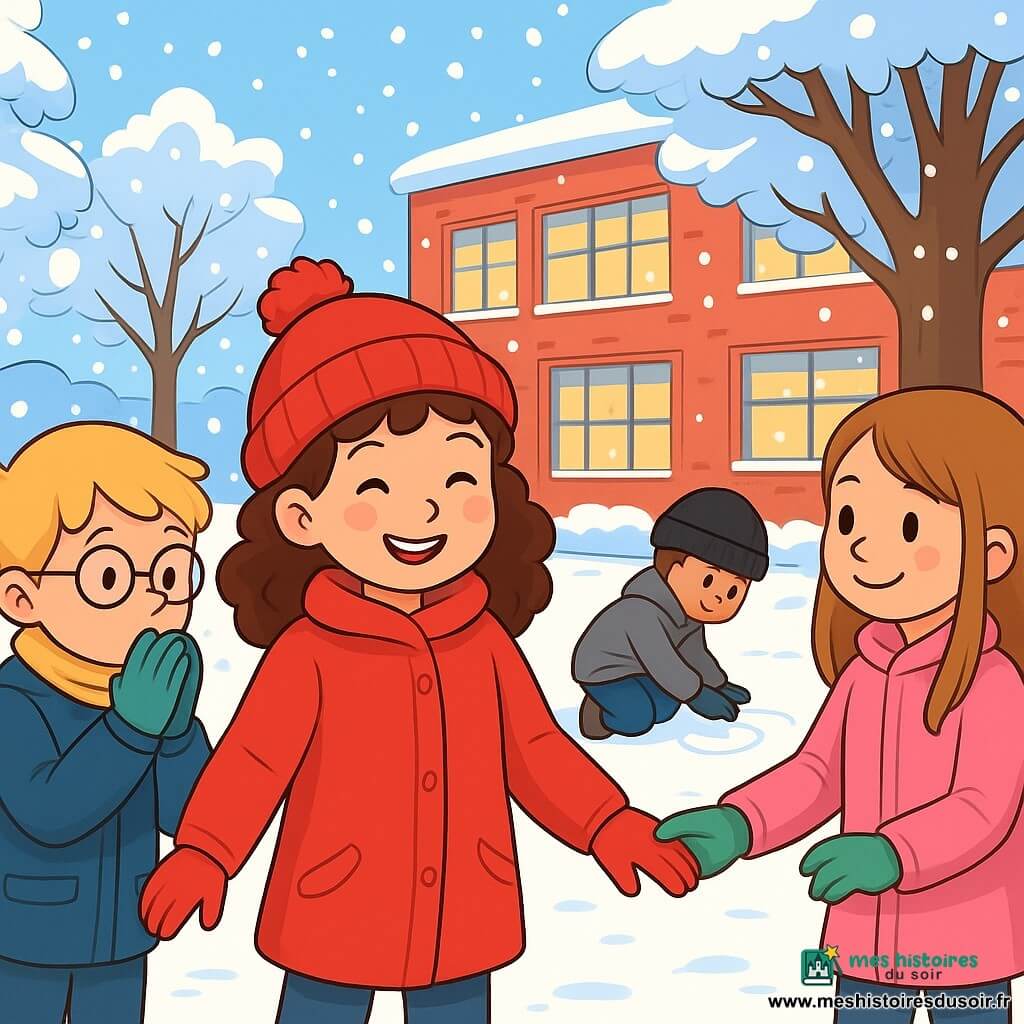 Quatre enfants jouent dans une cour d'école enneigée. Lisa, 8 ans, avec des cheveux bruns et bouclés, porte un manteau rouge et aide Maël, 7 ans, aux cheveux blonds et lunettes, qui est en manteau bleu et écharpe jaune. Clémentine, 8 ans, cheveux longs et raides, est en manteau rose et dessine sur la vitre embuée. Hugo, 7 ans, avec des cheveux châtains et un bonnet noir, dessine des cercles dans la neige. L'ambiance est joyeuse, avec des flocons tombant dans un décor hivernal.