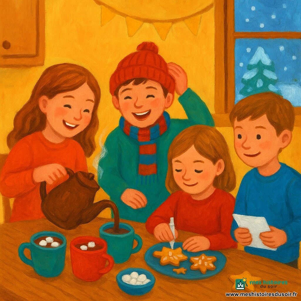 Louisa, une fille de 8 ans, est assise à une grande table en bois, ses yeux pétillants de joie. Elle verse du chocolat chaud dans des tasses colorées. À côté d'elle, Léon, 9 ans, ajuste son bonnet rouge en riant. Margot, 8 ans, décore des biscuits en forme d'étoile, concentrée et souriante, assise en face de Louisa. Sacha, 8 ans, est debout à côté de la table, prêt à écrire une chanson. La cuisine est chaleureuse et accueillante, ornée de guirlandes dorées et donnant sur un jardin enneigé. La scène principale montre un moment de partage et de rires autour de la préparation du chocolat chaud, avec des guimauves fondantes et des biscuits étoilés, dans une ambiance douce et festive.