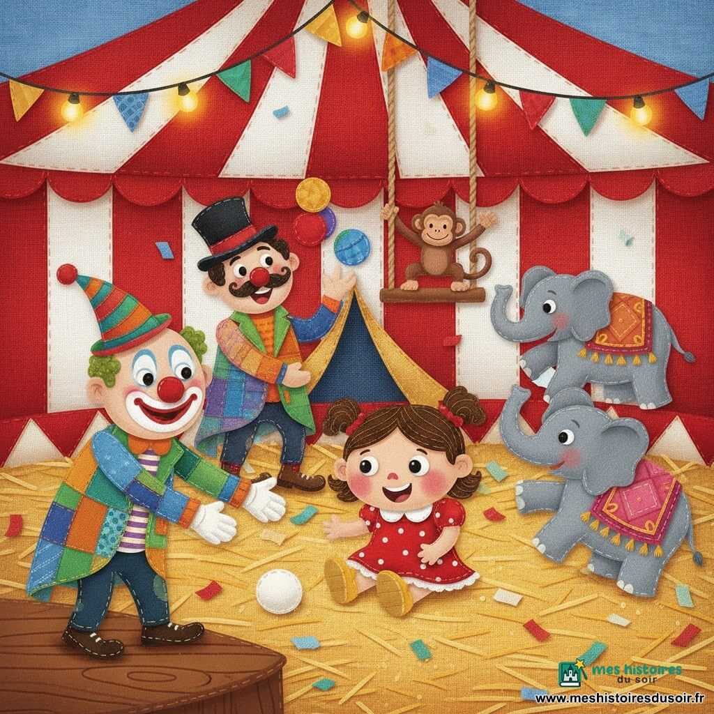 Une fillette de 4 ans au visage rond et aux joues roses, en robe à pois rouges et chaussures jaunes, tient une petite balle blanche qui roule sur le sol de paille; le clown Toto, nez rouge et maquillage blanc, veste colorée et chapeau pointu, fait une grimace drôle et lui tend la main depuis la scène; le jongleur Max, moustache stylisée et haut-de-forme noir, lance trois balles en l’air à gauche; deux éléphants gris aux couvertures brodées rose et or dansent à droite pendant qu’un petit singe brun saute au-dessus d’un trapèze en arrière-plan; le spectacle se déroule sous un grand chapiteau rayé rouge et blanc avec guirlandes, lumières chaudes, paille et confettis, ambiance joyeuse, couleurs vives et formes simples adaptées aux tout-petits.
