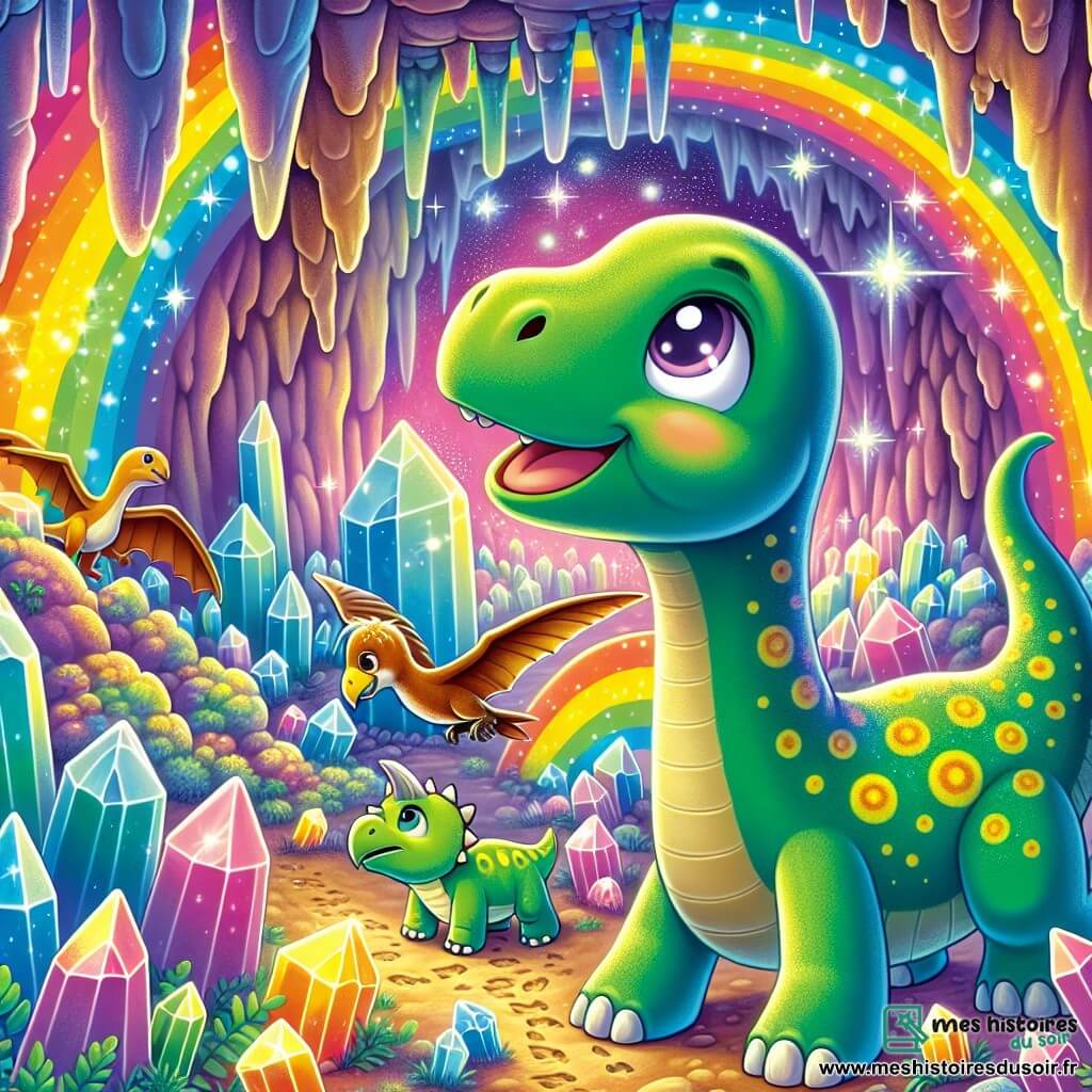 Un jeune diplodocus nommé Dippy, avec un long cou vert et des taches jaunes, exprime curiosité et joie en explorant une grotte arc-en-ciel. Ses grands yeux brillent d'émerveillement alors qu'il admire les cristaux scintillants. À ses côtés, Terry, un ptérodactyle aux ailes brunes, vole joyeusement en créant des jeux de lumière. Un peu en arrière, Trixie, un tricératops vert, observe des empreintes de dinosaures sur la paroi de la grotte, souriant timidement. La grotte est colorée, remplie de cristaux brillants qui projettent des reflets lumineux, et Dippy et ses amis découvrent la magie de cet endroit mystérieux.