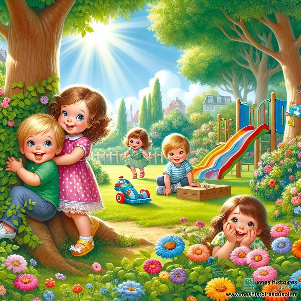 Mila, une petite fille de 2 ans aux cheveux bouclés et au grand sourire, se cache derrière un arbre. Elle porte une robe rose à pois blancs et des sandales jaunes. À côté d'elle, Léo, 3 ans, est accroupi sous un banc avec un avion en plastique. Zoé, 3 ans, se cache parmi des fleurs colorées, et Tom, 3 ans, rigole dans une boîte à jouets. La scène se déroule dans un parc ensoleillé avec des arbres, des fleurs et un toboggan coloré. Les enfants jouent à cache-cache, riant et s'amusant dans ce lieu magique.