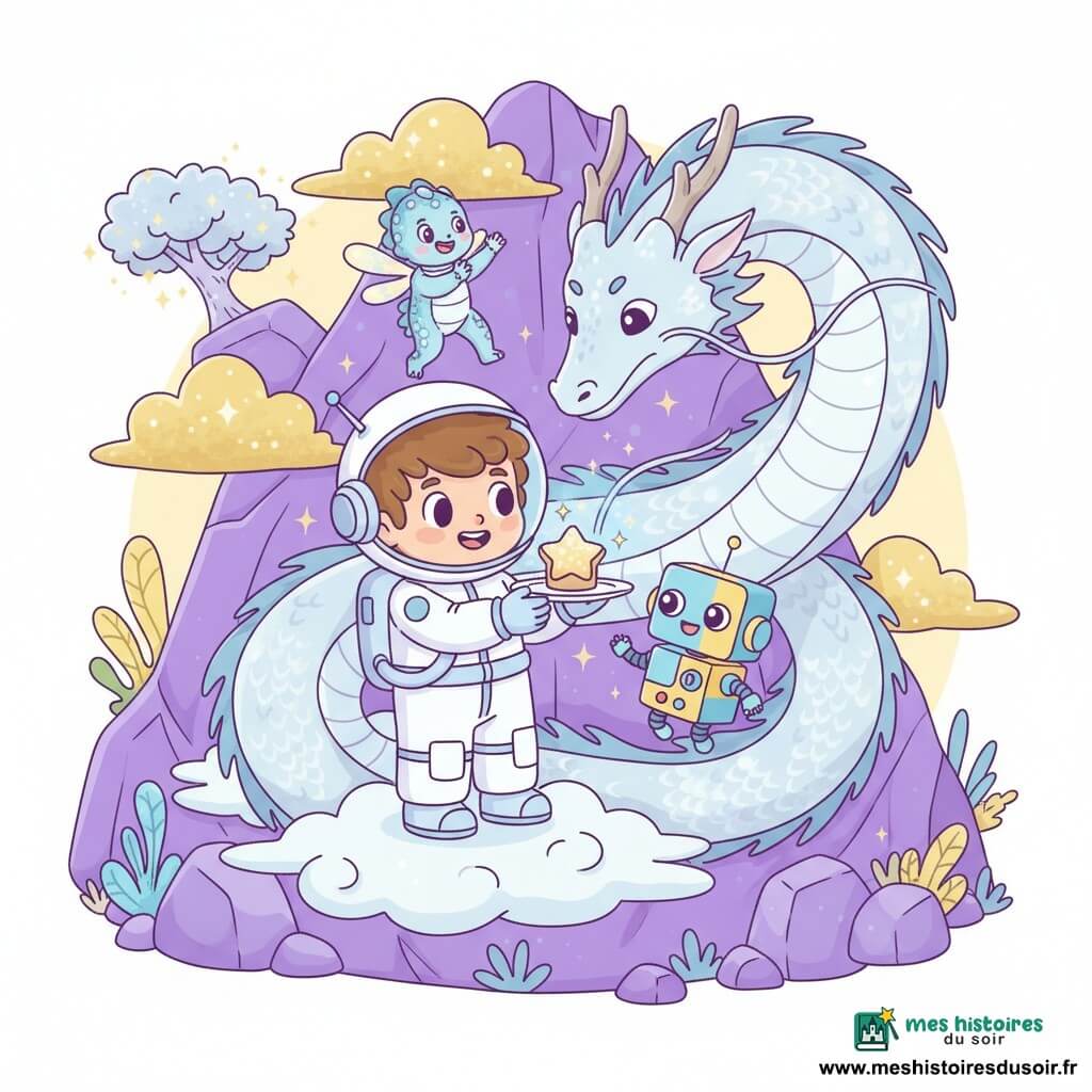Max, un astronaute souriant aux cheveux bruns en broussaille, tend un petit gâteau scintillant sur une assiette à un immense dragon de brume aux écailles argentées translucides ; à ses côtés flotte Pixel, un petit robot cubique bleu et jaune aux yeux LED joyeux projetant une lueur holographique sur le gâteau, tandis que Lumo, un petit Zoraxien aux écailles iridescentes et ailes translucides, danse et applaudit. La scène se déroule sur une montagne violette aux rochers arrondis, nuages dorés et végétation fluorescente avec un arbre argenté lointain ; l'atmosphère est chaleureuse et magique, aux couleurs pastel lumineuses et à l'éclairage doux, composition centrée et claire pour les enfants.