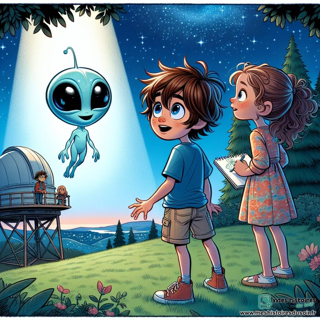 Un garçon de 11 ans, Julian, se tient au sommet d'une colline verdoyante, émerveillé par une créature extraterrestre. À ses côtés, Léa, une fille de 11 ans aux cheveux bouclés, sourit en tenant un carnet de croquis. La scène se déroule dans un observatoire rustique, entouré d'arbres, sous un ciel étoilé. Au centre, Zephyr, une petite créature extraterrestre bleu-argenté avec de grands yeux et un sourire amical, flotte en émettant une douce lueur. Julian et Léa s'approchent de lui, créant une atmosphère de curiosité et d'amitié intergalactique.