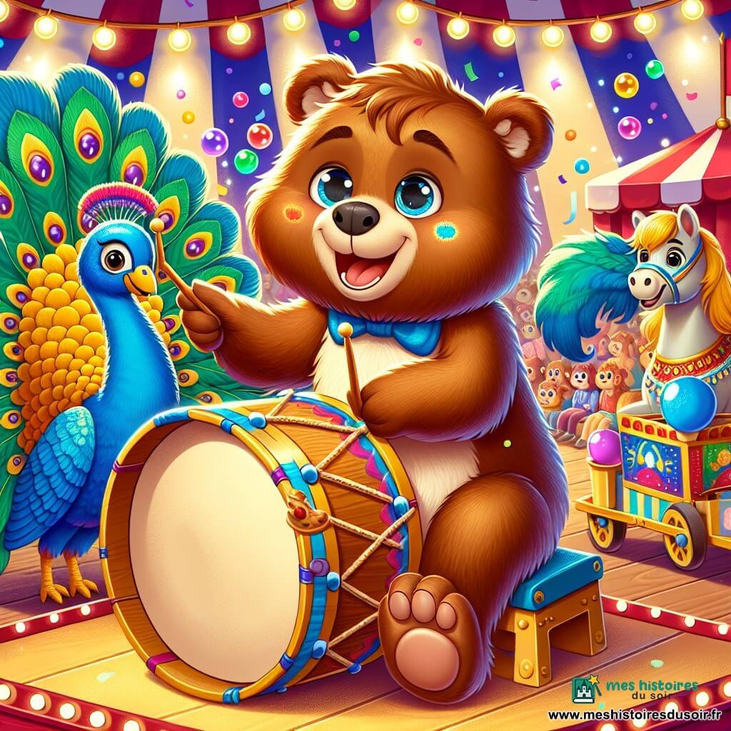Un ours brun nommé Barnabé, joyeux, joue de son tambour en bois, souriant et brillant de bonheur. Il est assis sur une estrade, entouré de lumières scintillantes et de confettis. À côté de lui, un paon majestueux se pavane fièrement, tandis qu'un poney aux crins dorés, tirant un chariot décoré de fleurs, regarde Barnabé avec curiosité. La scène se déroule sous un chapiteau de cirque aux rayures rouges et blanches, rempli de spectateurs émerveillés, applaudissant avec enthousiasme. Barnabé joue une mélodie entraînante qui fait danser le public, tandis que des bulles multicolores flottent autour de lui, créant une atmosphère magique.