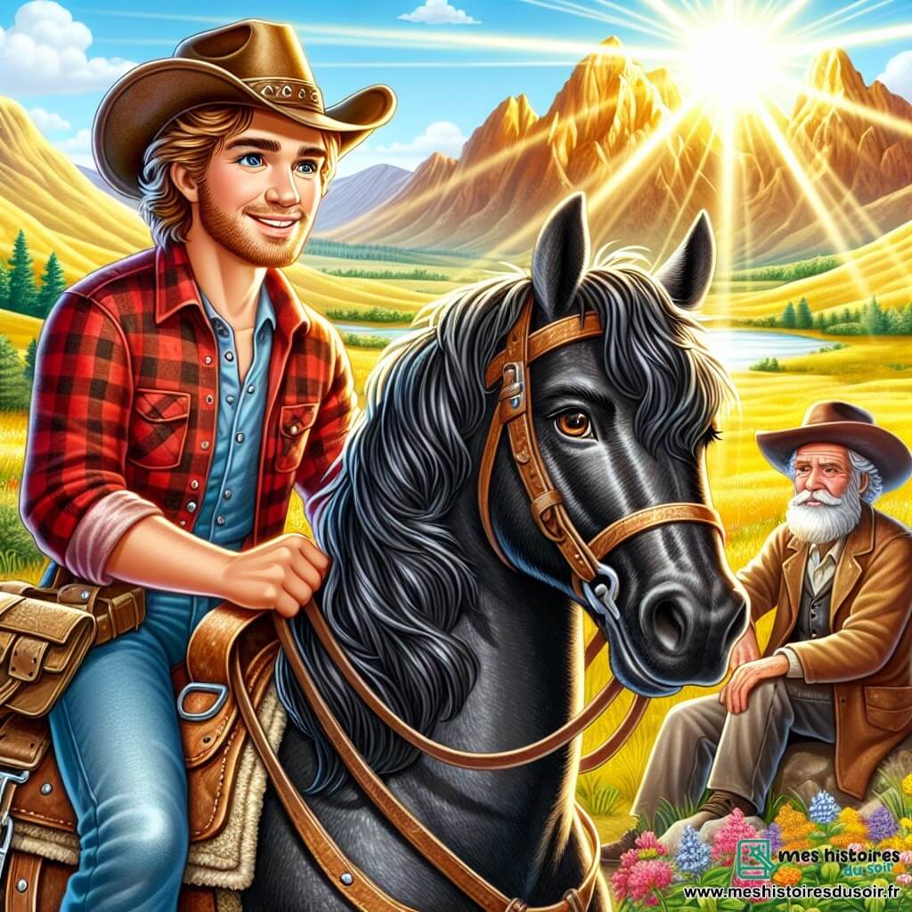 Dans une vallée ensoleillée, un cow-boy nommé Jake, d'environ 30 ans, est sur son cheval Tornado, un mustang noir. Il porte un chapeau de feutre, une chemise en flanelle rouge et un jean usé, affichant un sourire d'excitation. Ses yeux brillent d'aventure en regardant les montagnes dorées au loin. À proximité, un vieux prospecteur d'environ 60 ans, assis sur un rocher, tient une vieille carte et observe Jake avec un sourire bienveillant. Le décor est une prairie colorée avec des collines verdoyantes et des montagnes majestueuses illuminées par le soleil couchant. Jake est prêt à partir à l'aventure avec son fidèle Tornado, tandis que le prospecteur lui remet la carte, symbolisant le début d'une quête épique.