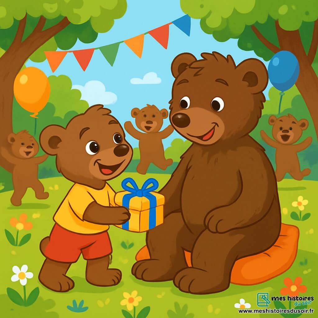 Petit Ours Brun, un ourson aux poils bruns et doux, se tient dans une forêt verdoyante, avec des yeux pétillants de joie et un grand sourire. Il tient une boîte décorée d'un ruban bleu, prêt à offrir un cadeau spécial à son papa. À ses côtés, Papa Ours, un grand ours au pelage brun foncé, regarde son fils avec amour et fierté, assis sur un coussin moelleux, entouré de guirlandes colorées et de ballons. La clairière ensoleillée est remplie de fleurs éclatantes et de feuilles vertes, où d'autres ours dansent et chantent joyeusement. Petit Ours Brun est excité de révéler son cadeau à Papa Ours, tandis que les autres ours créent une atmosphère festive.